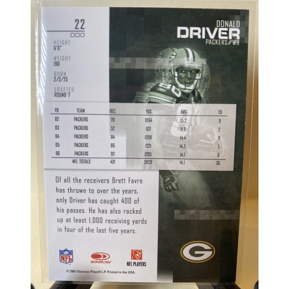2007 Leaf Rookies and Stars NFL Football Card 22 Donald Driver Green Bay Packers - Picture 2 of 2